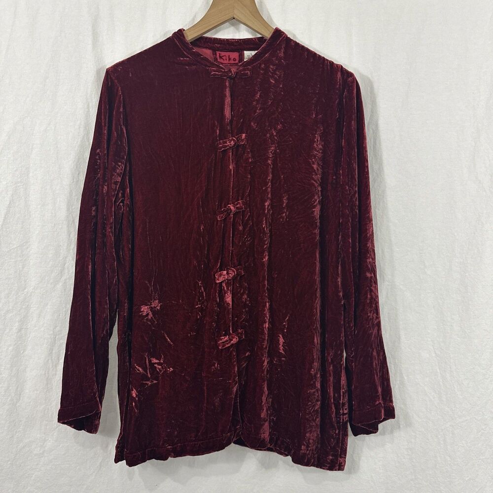 Kiko Crushed Red Velvet Frog Closure Button Tunic Top Womens Sz L Festive Glam